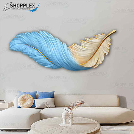 Blue and White Feather on White Background Artwork F10