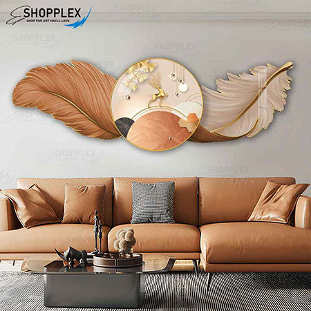 Living Room Decor with Feather Clock Artwork F4