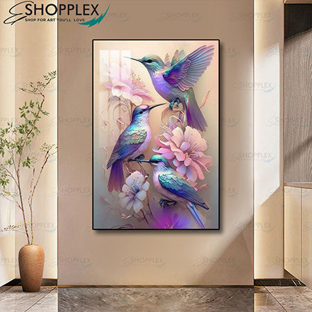 Hummingbirds perched on Red and Pink Flowers Art P214