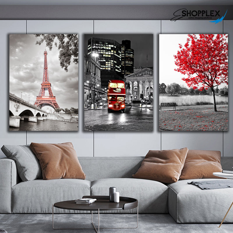 3 Piece Black and white Background with Red Bus Design Art 52