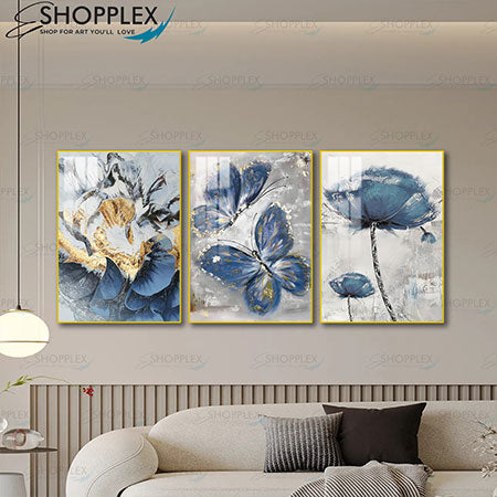 Abstract Blue Butterfly 3 Piece Artwork 3P-172