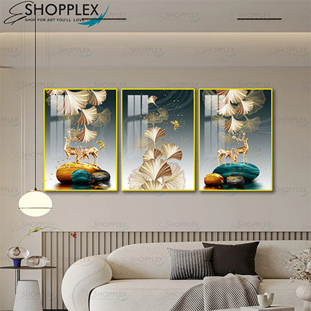 Golden Ginkgo Deer 3 Piece Artwork 3P-171