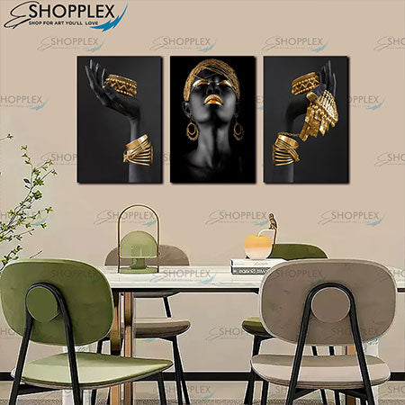 Black Woman with Gold Hands Portrait 3 piece Artwork