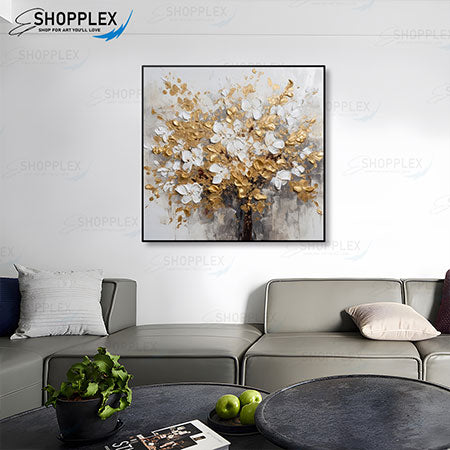 Golden White Flowered Tree Canvas Wall Art 40