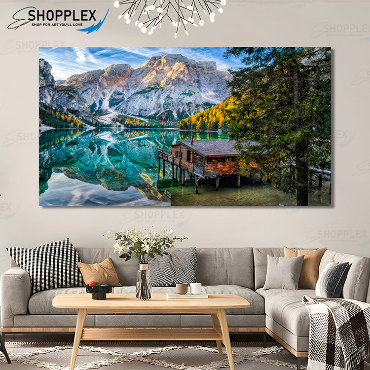 View of a beautiful lake house surrounded by mountains Canvas print design Wall Art C256