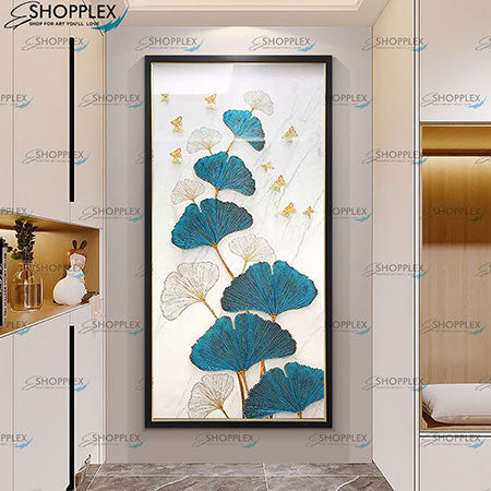 Textured Tree Wall Art with Blue Leaves and White Blossoms